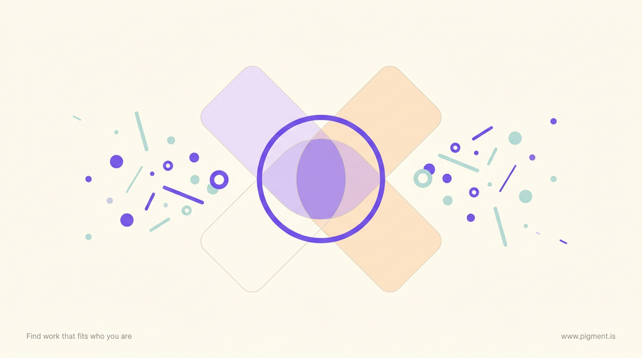Abstract Pigment illustration on cream: a lavender and a peach rounded rectangle overlapping into a small lilac lens, with violet and teal dots converging on the overlap.