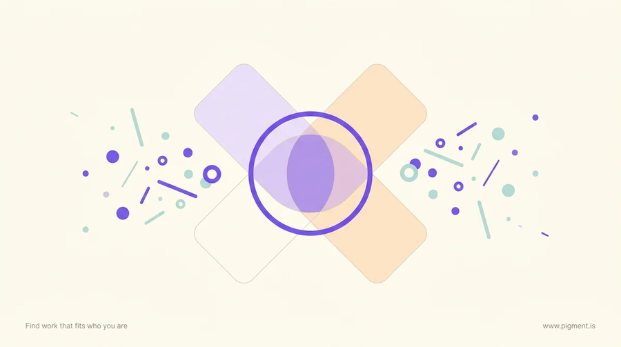 Abstract Pigment illustration on cream: a lavender and a peach rounded rectangle overlapping into a small lilac lens, with violet and teal dots converging on the overlap.