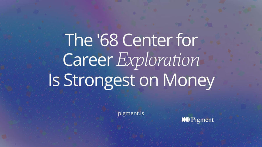 Cover for the '68 Center for Career Exploration guide: a charcoal line rising through three soft shapes in peach, lavender and mint toward a small violet marker