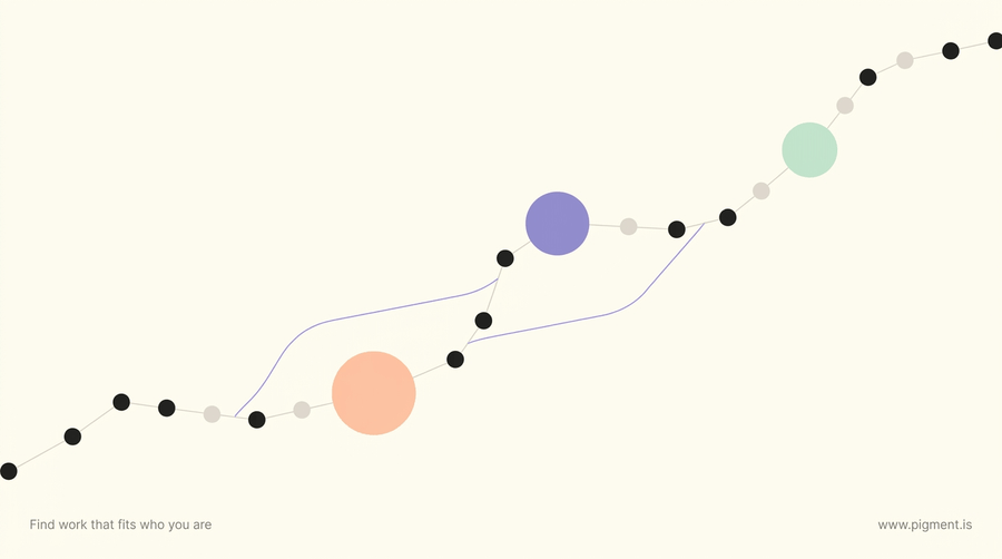 Abstract warm illustration of a career path drawn as a winding route of connected dots rising across a cream canvas, in soft peach, lavender, and mint.