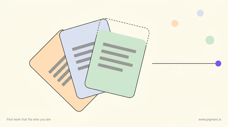 Abstract geometric composition of three overlapping rounded rectangles in peach, lavender and mint on warm cream, two of them settled and one still open, standing for the three documents behind an AASW migration skills assessment