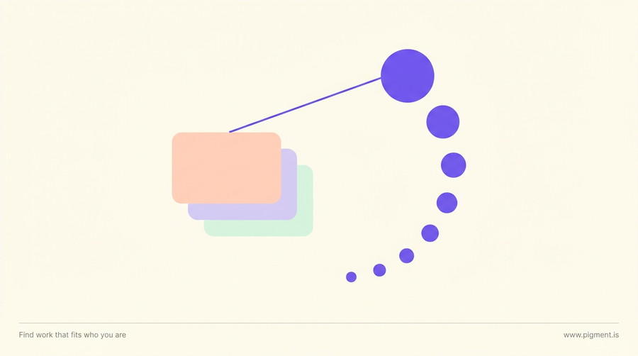 Abstract Pigment illustration on cream: a small peach, lavender and mint ledger-card stack beside an upward arc of violet circles, suggesting a running assessment-fee total.