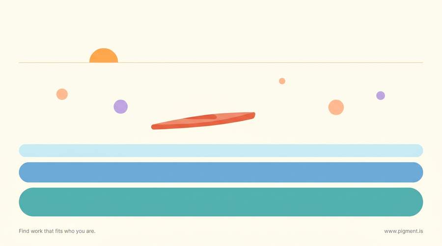 Abstract flat-vector composition of layered horizontal sea bands, a low horizon line, a small angular kayak form and round buoy shapes in teal, peach and lavender on warm cream, evoking open-water sea kayaking.