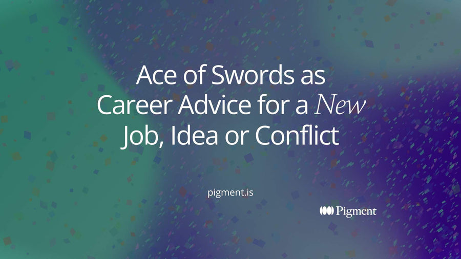 Cover for Ace of Swords as career advice: one upright violet bar rising out of a soft lavender cloud shape, a small peach ring at its tip, on cream
