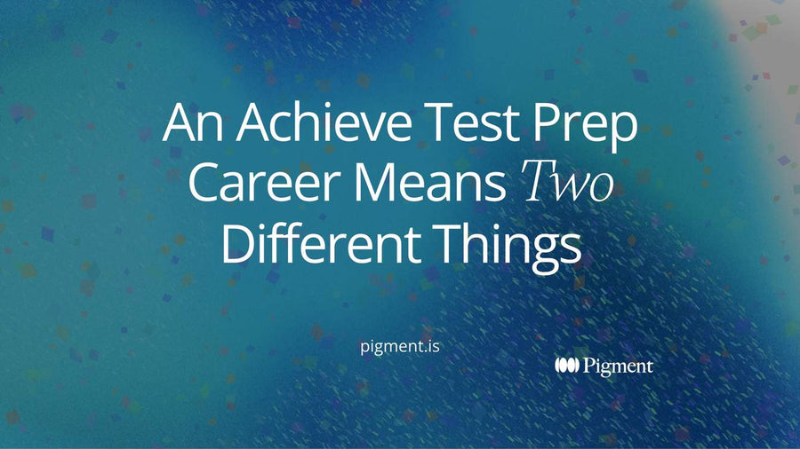 Abstract geometric composition in warm cream, peach, violet and mint showing one point opening into two separate routes, the two meanings of an Achieve Test Prep career