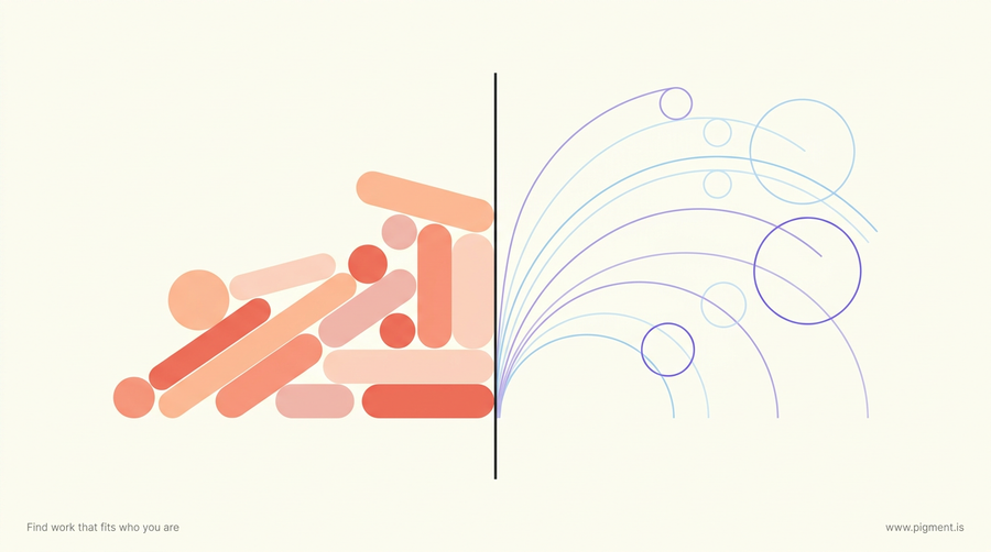 Abstract warm-palette composition: gathered peach and coral forms on the left reaching back toward a central line, and open lavender and blue forms on the right opening forward, evoking an achievement and aptitude contrast in time