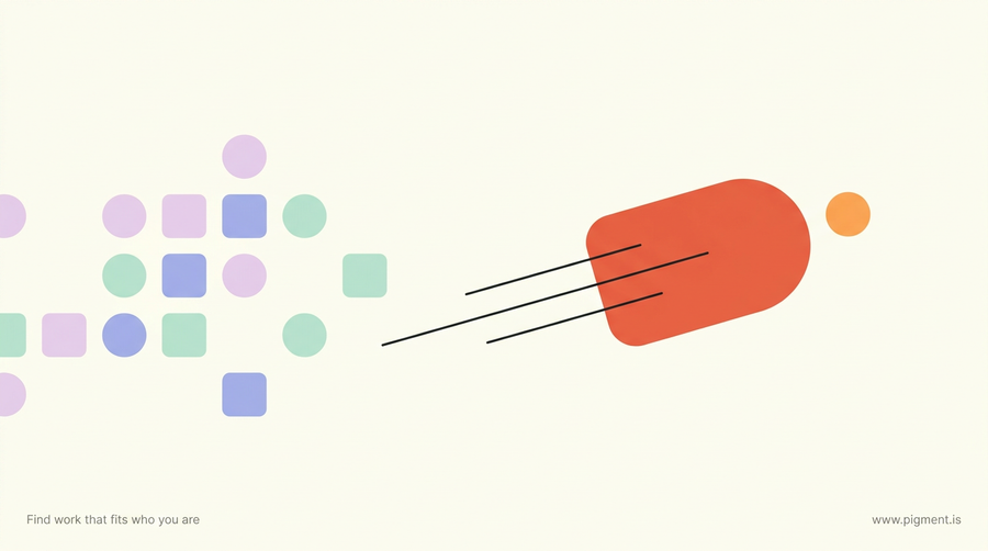 Abstract warm illustration of small cool shapes at rest on the left and one bright coral form breaking into motion to the right, evoking the Activator theme's first move.