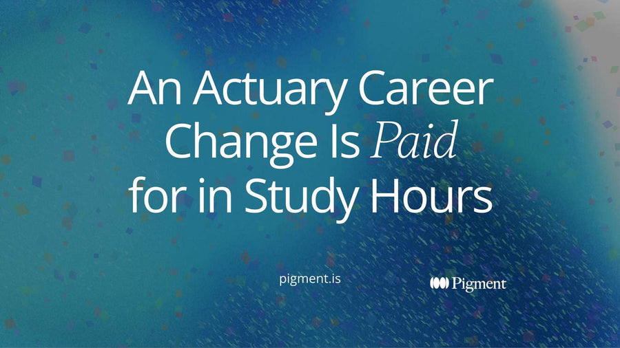Abstract cover for an actuary career change guide: a rising staircase of small cream and peach blocks, like stacked study hours, climbing toward a violet mark