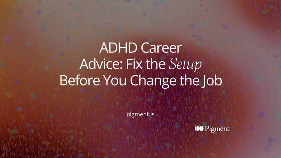 Abstract cover for an ADHD career advice guide: scattered peach, lavender, and mint shapes on cream that settle into one aligned row on the right