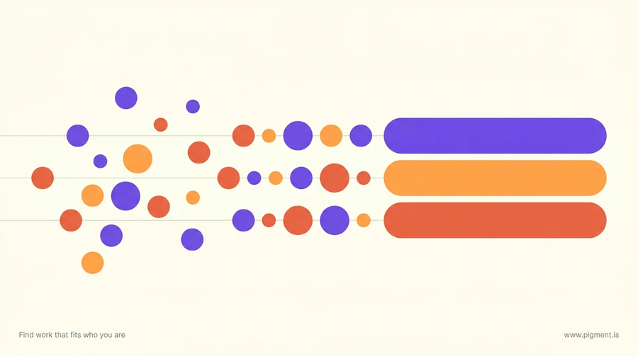 Abstract flat vector composition: loose violet, orange and coral dots on the left drawing together into one clean interlocking shape on the right, on warm cream.