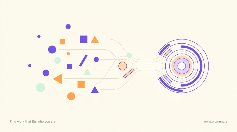 Abstract Pigment illustration: scattered geometric shapes in violet, orange, and mint drifting rightward and aligning into concentric rings, suggesting many engineering paths narrowing to the ones that fit.