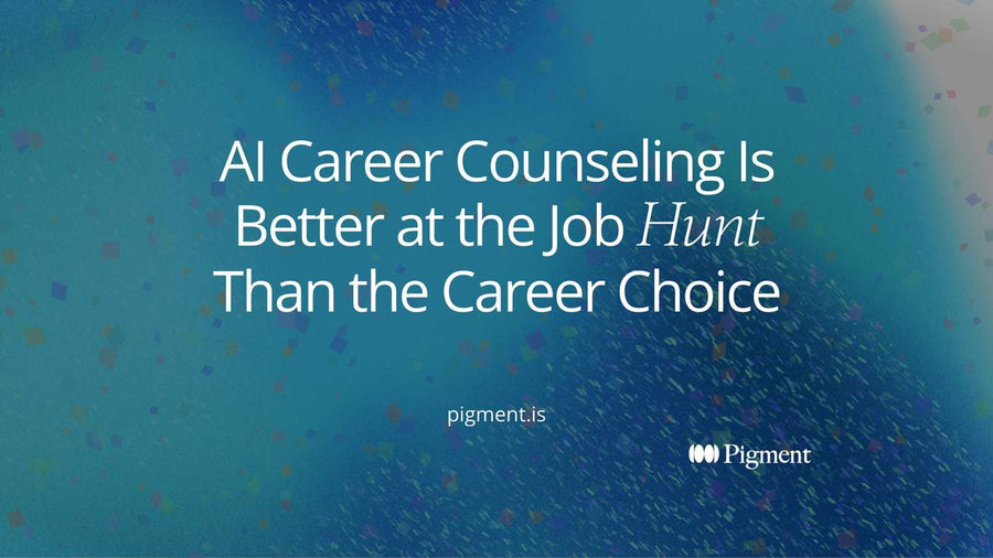 Abstract composition on cream: two paths leave one point, a short bright violet path and a long faint one, for AI career counseling being strong on the job hunt and weak on the career choice.