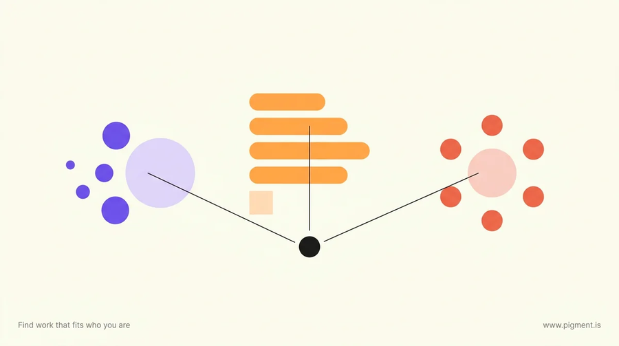 Abstract flat-vector composition on warm cream: three separate clusters of geometric shapes in violet, orange, and coral, each connected by a thin line to one small dark dot at the centre.