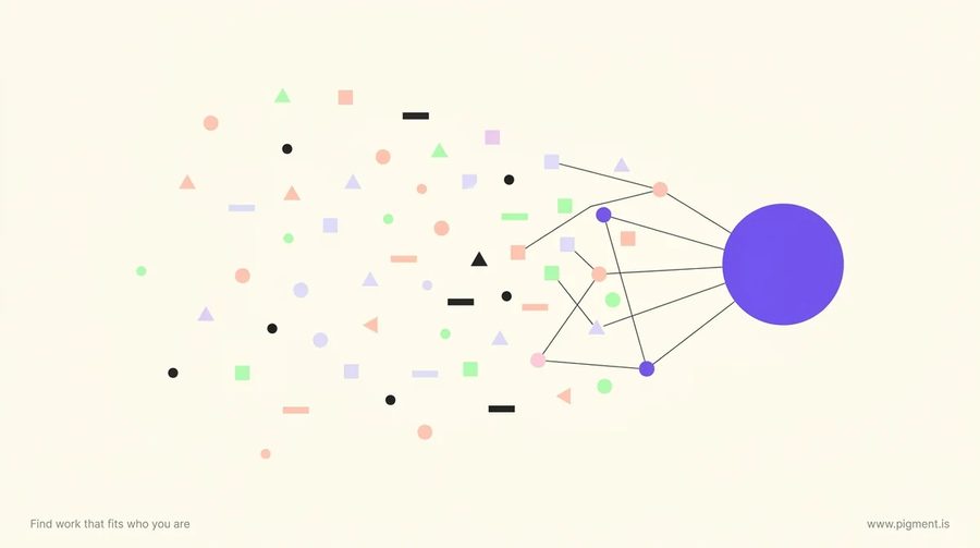 Abstract geometric hero for the AIM aptitude test: scattered small shapes on warm cream drawing together into one connected constellation around a single larger violet circle