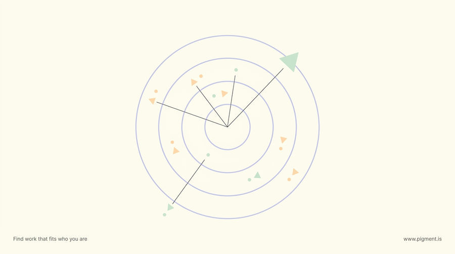 Abstract radar-style graphic with concentric rings and small geometric marks in peach, lavender, and mint on cream, evoking the air traffic controller aptitude test.