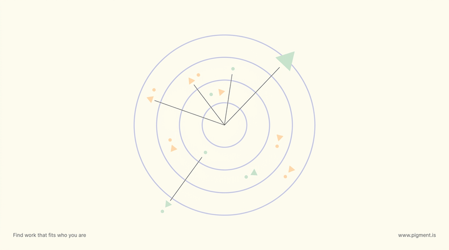Abstract radar-style graphic with concentric rings and small geometric marks in peach, lavender, and mint on cream, evoking the air traffic controller aptitude test.