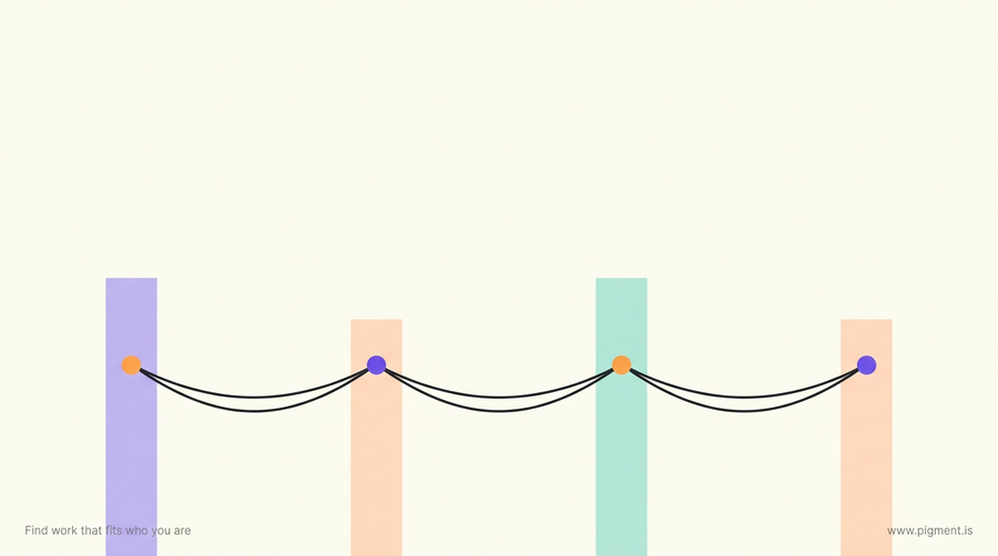 Abstract Pigment hero: warm cream canvas with tall lavender and peach vertical forms linked by thin charcoal lines, suggesting power poles and lines for an ALBAT aptitude test guide.