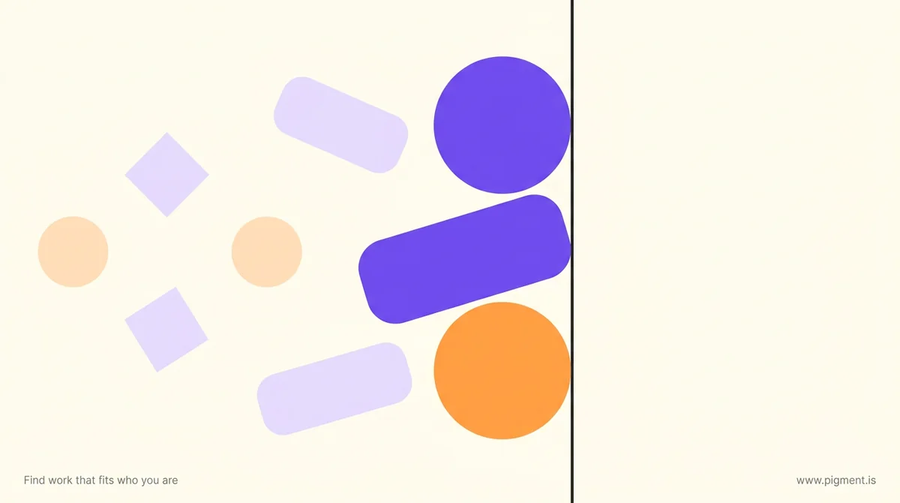 Abstract geometric composition of nine forms on warm cream, three large and solid leaning toward a single vertical line and six smaller pale ones set back from it, representing nine alternatives to a career coach