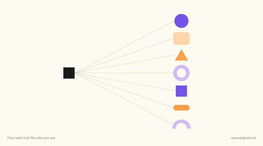 Abstract geometric composition on warm cream: a single small square on the left opens into seven differently shaped forms fanning out to the right, none of them alike