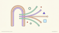 Abstract Pigment-palette illustration of an open archway with three branching paths fanning out beyond it, evoking the American Career College entrance exam as a gate to pass and then the choice of which path fits you.
