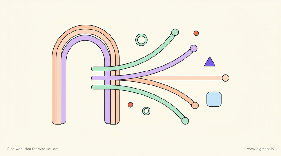 Abstract Pigment-palette illustration of an open archway with three branching paths fanning out beyond it, evoking the American Career College entrance exam as a gate to pass and then the choice of which path fits you.