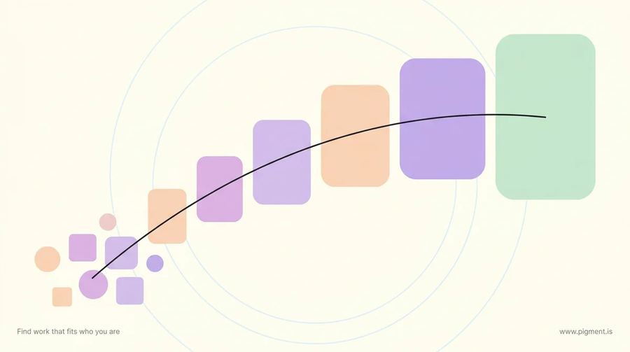 Abstract geometric composition of rounded stepping stones arcing across a warm cream field from a small cluster of shapes toward one larger anchor form, suggesting the ANMAC migration pathway to Australia
