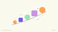 Abstract geometric composition of five small rounded forms growing along a gentle upward path in peach, lavender, and mint on a warm cream background, evoking a young person's building life skills.
