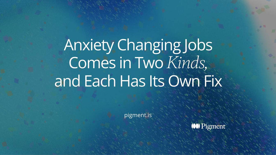 Abstract hero for a guide to anxiety changing jobs: two paths, one before a doorway and one after it, each with its own small marker
