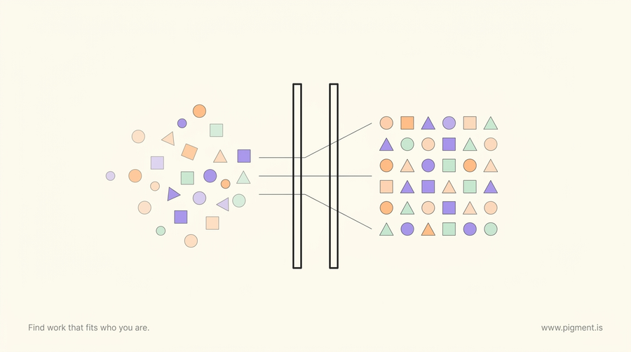 Abstract geometric illustration: scattered peach, lavender and mint shapes flowing through a charcoal gateway into an ordered grid on cream, evoking the apprenticeship aptitude test as an entry screen.
