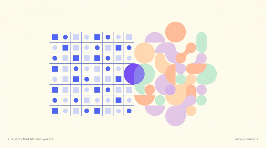 Abstract two-part composition: a tidy blue grid meeting a soft cluster of peach, lavender and mint shapes, standing for the aptitude and behavioral test as capability and work style read in one screen.
