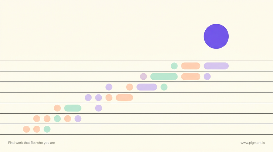 Abstract warm cream illustration of thin ledger rules with peach, lavender, and mint circles rising diagonally toward a single violet circle, evoking accounting clarity.