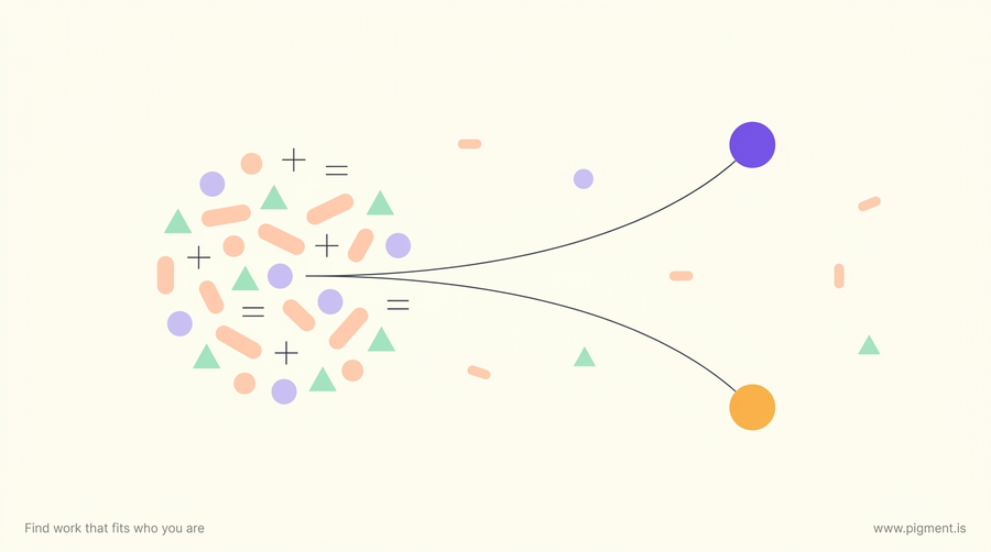 Abstract geometric composition in warm cream with peach, lavender and mint forms where a field of small algebraic shapes divides into two separate paths, evoking one algebra aptitude test search that means two different exams