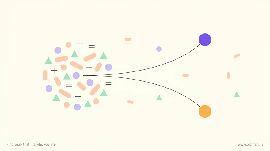 Abstract geometric composition in warm cream with peach, lavender and mint forms where a field of small algebraic shapes divides into two separate paths, evoking one algebra aptitude test search that means two different exams