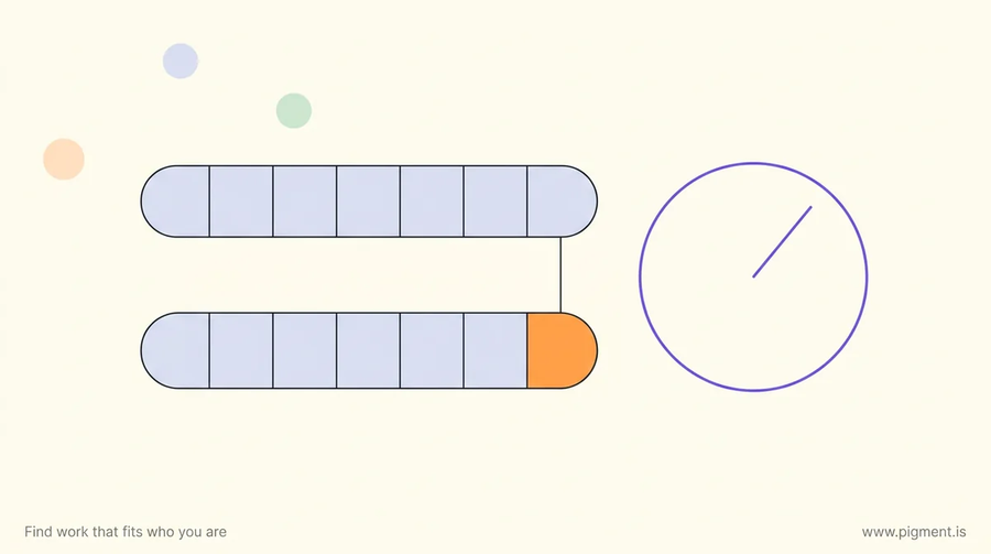 Abstract geometric hero: two identical rows of segmented cells on warm cream with the last cell of the lower row picked out in orange, beside an open dial, standing for an attention to detail aptitude test.