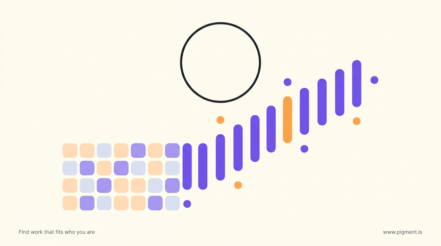 Abstract warm-toned geometric hero for an aptitude test for bank jobs guide: stacked counter shapes rising into a diagonal of bars beside a thin clock-face circle.