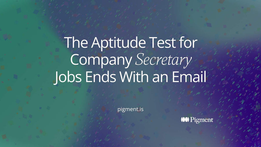 Abstract composition on warm cream: three rows of small pale squares lead to one larger violet envelope-like rectangle on the right, a picture of an aptitude test for company secretary jobs ending with an email task