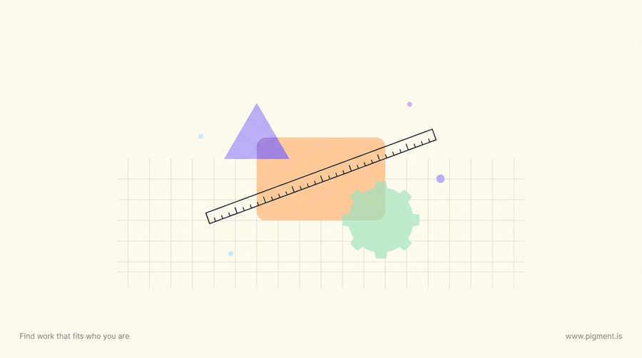 Abstract warm composition on cream: a faint blueprint grid crossed by pale peach and lavender geometric shapes, a small mint gear and a ruler-like line, evoking the reasoning a construction aptitude test measures.