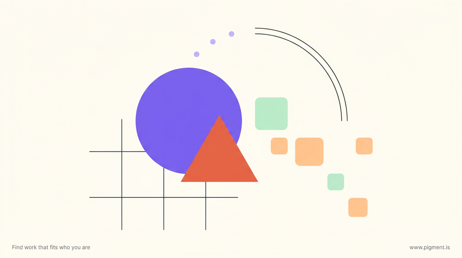 Abstract geometric composition in peach, lavender, and mint on a cream background, evoking the visual perception and composition an aptitude test for designers measures.