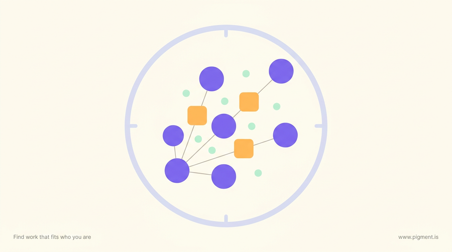 Abstract composition of violet circles, orange rounded squares and mint dots linked by thin lines inside a faint lavender ring on warm cream, evoking reasoning under time.
