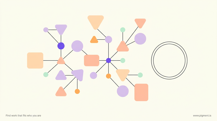 Abstract geometric composition in warm peach, lavender, and mint on cream, with connected shapes forming logic pathways beside an open ring like a clock, evoking timed reasoning for an IT aptitude test.