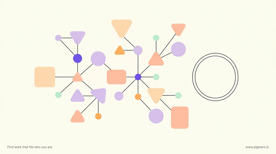 Abstract geometric composition in warm peach, lavender, and mint on cream, with connected shapes forming logic pathways beside an open ring like a clock, evoking timed reasoning for an IT aptitude test.