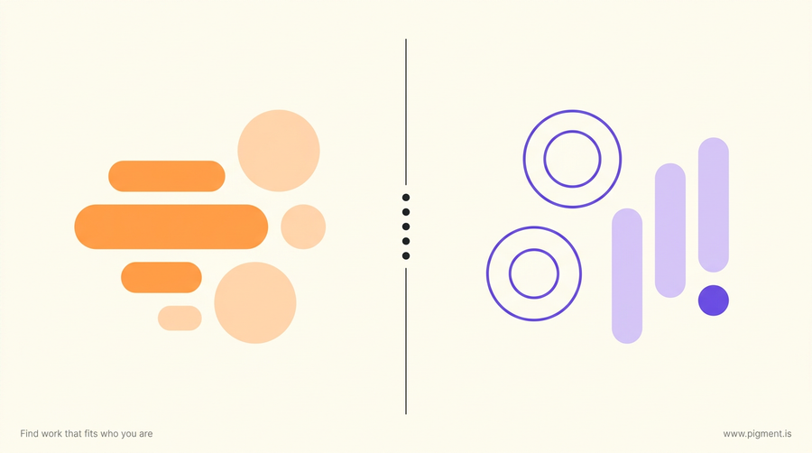Abstract Pigment composition in peach and violet on cream, showing two separate families of forms divided by a thin rule, the two worlds a maintenance technician aptitude test splits into
