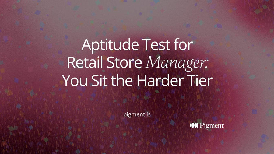 Abstract geometric composition in warm cream, violet, peach and mint suggesting a retail store manager aptitude test built from several short, separately scored sections