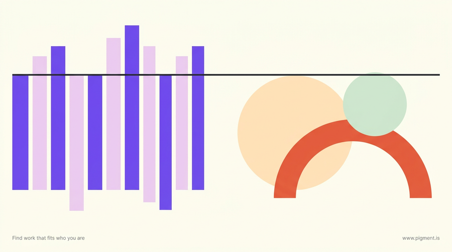 Abstract geometric composition contrasting a set of measured vertical bars, standing for how high your ability can reach, with a loose open cluster of rounded shapes, standing for where you fit and thrive at work.