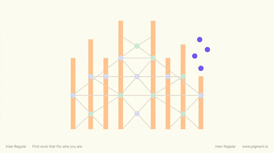 Abstract flat-vector art in warm cream: pale peach vertical beams crossed by thin gray bracing with lavender and mint nodes, and a rising cluster of violet dots, evoking the ironworker aptitude test and the steel trade.