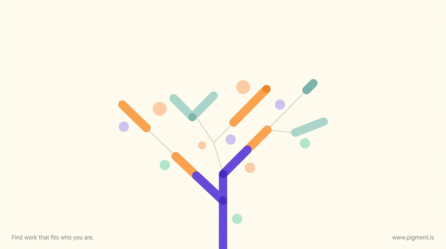 Abstract warm cream illustration of a violet stem branching upward into orange and teal paths with small peach, lavender and mint nodes, evoking the engineering branches an aptitude test helps a student choose.