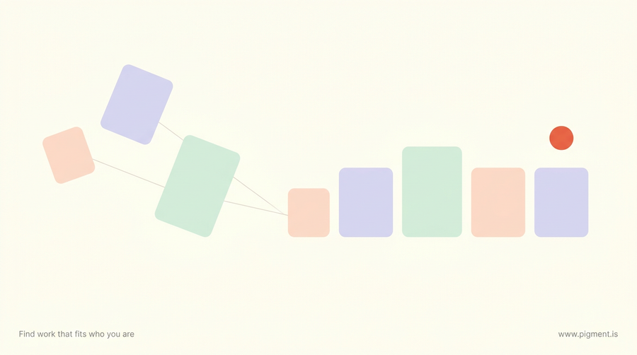 Abstract geometric composition of five rounded blocks aligning into an orderly grid on a warm cream background, evoking an organised administrative aptitude test.