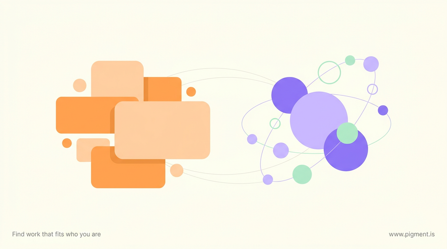 Abstract Pigment hero: two clusters of geometric shapes on warm cream, suggesting two different tools that share one name, in peach, lavender and mint.