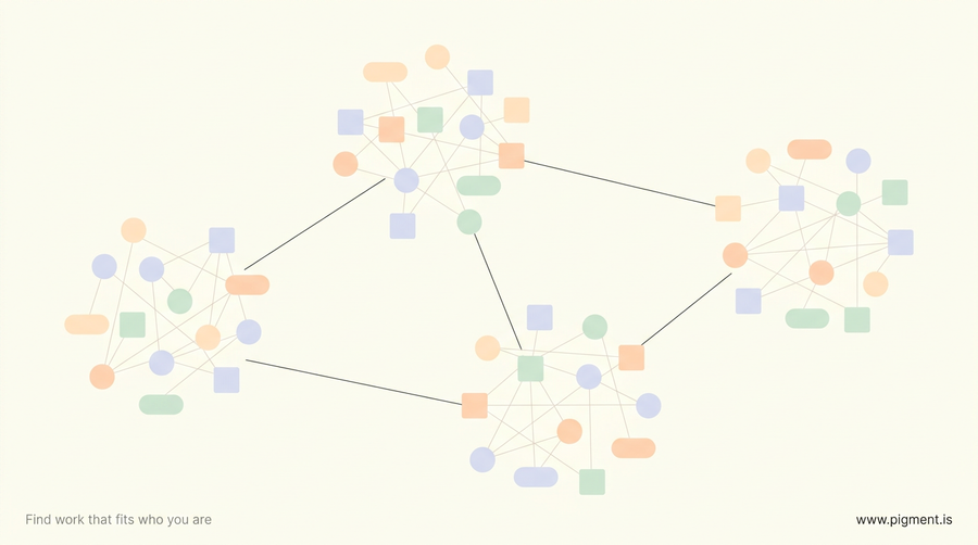Abstract Pigment composition: clusters of small peach, lavender, and mint geometric shapes grouping into larger forms on a warm cream background, suggesting how aptitude topics sort into sections.