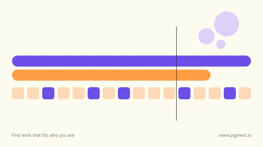 Abstract flat vector composition of a long row of small violet and peach squares crossed by two horizontal bars of different length, representing the two numbers an aptitude test typing round reports.